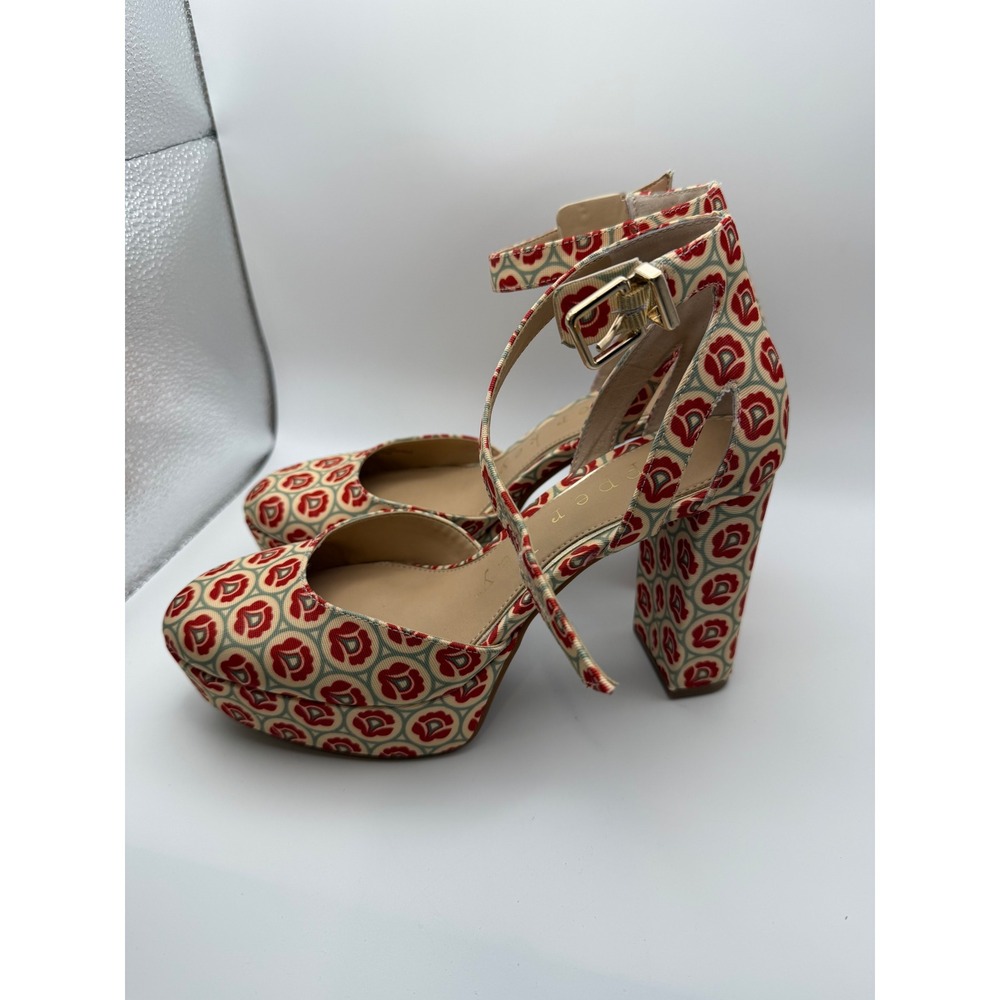 Copper Key Red Floral Woven Platform Block Heels Ankle Strap Pumps